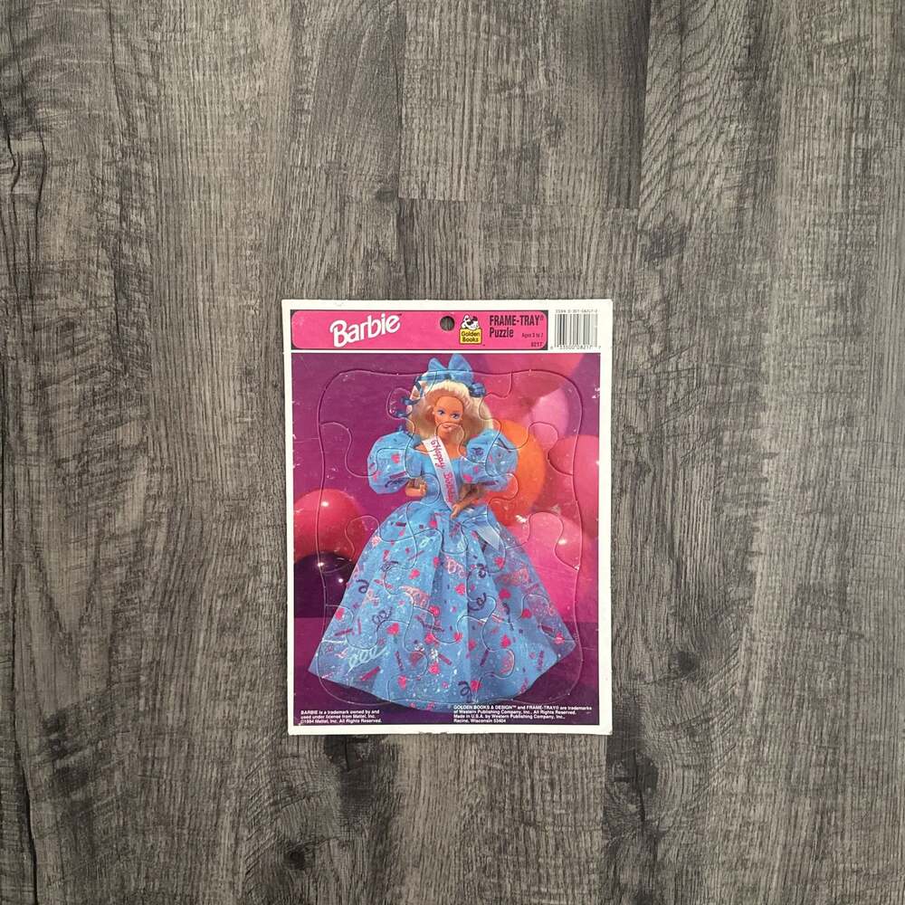 1986 Happy Birthday Barbie Framed Puzzle Tray Golden
